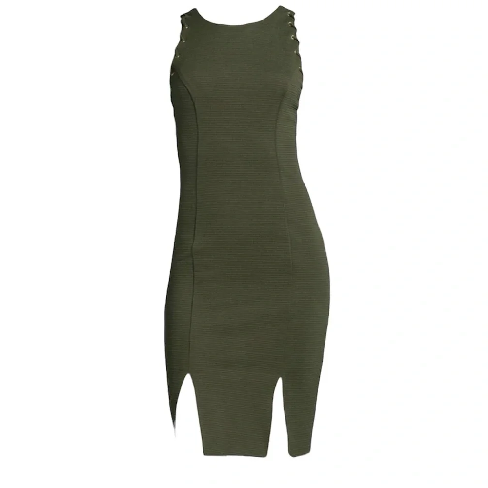 Bisou Bisou Green Ribbed Sleeveless Sheath Dress Lace Up Grommet Detail Sz 12 - Picture 5 of 12